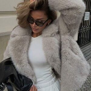 Luxurious Gray Faux Fur Coat two toned women fluffy coat